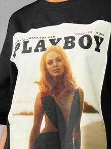 Missguided x Playboy Oversized Magazine Cover T Shirt Retro Style Fashion Graphic Print Summer Street Style Casual Photo Print Vintage Art Collection Comfort Fit Tee - Black - View 4