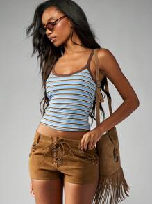 MISSGUIDED 绒面系带热裤高腰超迷你短裤西部波西米亚风节日海滩夏季度假旅行派对俱乐部穿着短裤 - 棕色 - 查看 5