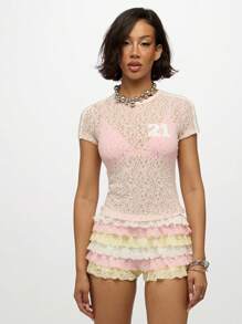 SUMWON WOMEN High Waisted Layered Lace Booty Shorts Festival Ruffled Tiered Design Costume Stage Wear Party Clubwear Summer Spring Collection - Multicolor - View 6