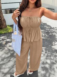 SHEIN EZwear 2件套大码女式休闲结饰吊带背心和长裤套装 - 卡其色 - 查看 1