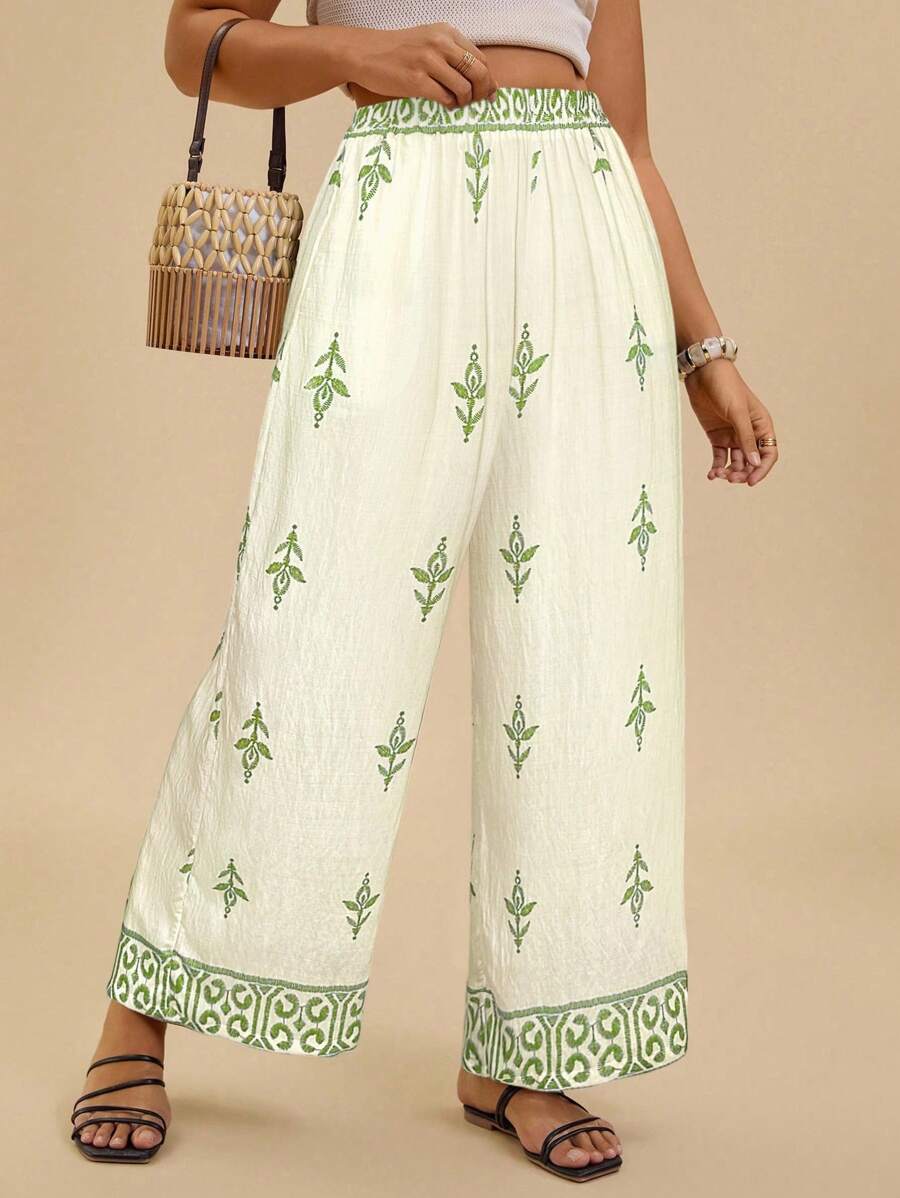 SHEIN VCAY Quần vải lanh nhẹ thoải mái họa tiết hình học cỡ lớn cho nữ mùa hè - màu xanh lá - Xem 1