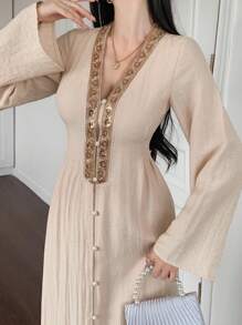 DAZY Casual Loose Splicing Flare Sleeve Long Dress For Women,Fall Dress Long Sleeve Dress - Pink - View 1