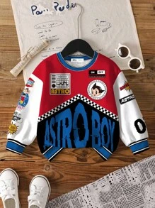 Astro Boy X SHEIN Pullover mit rundem Ausschnitt und Langarm, Kontrast-Farbdruck mit Cartoon-Jungenfigur - Weiss - Übersicht 1
