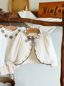 SHEIN 女宝宝可爱休闲百搭纹理面料蝴蝶结长袖夹克适合春夏秋冬日常穿着 - 杏色 - 查看 9