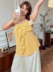 SHEIN LUNE Plus Size Women Yellow & White Plaid Ruffle Strap Back Cami Top Fall Country Concert Vintage Teacher Butter Yellow Top, 90s Back To School Homecoming Cute Streetwear Going Out