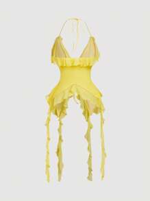 SHEIN MOD Summer Romantic Yellow Ruffle Edge Ribbon And 3D Flower Tie Neck Top Summer Women Tops Concert Sexy - Yellow - View 2
