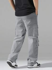 Manfinity Hypemode 男士秋季多口袋抽绳腰直筒休闲裤 - 淺灰色 - 查看 2