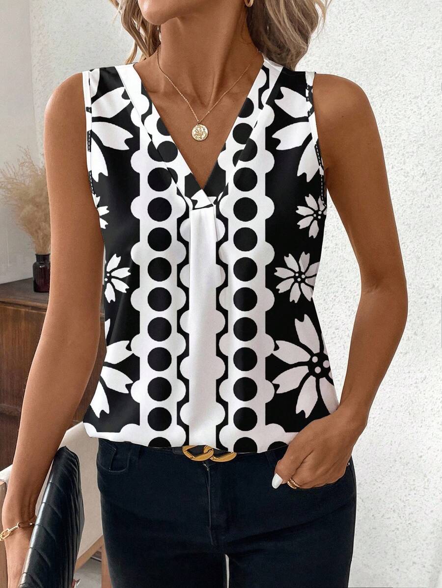 SHEIN Clasi 女士V领花卉印花休闲背心，适合夏季 - 彩色 - 查看 1