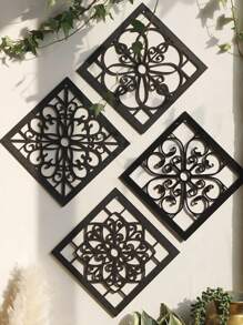 ROMWE Goth 4 miếng gỗ chạm khắc hình học trang trí tường châu Âu - Nền gỗ nguyên khối nghệ thuật trang trí nhà cửa - màu đen - Xem 1