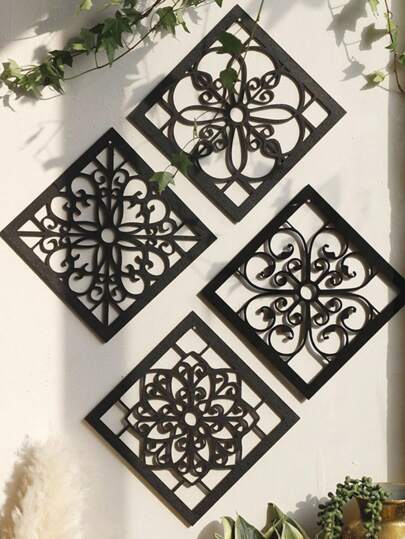 Goth 4 قطع من الزخرفات الخشبية المنحوتة الهندسية الأوروبية - ديكور جداري خشبي أساسي فني للمنزل، ديكور للمنزل