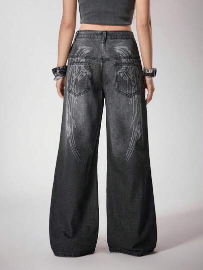 Y2Kool Ekonfriends Black Gray Washed Angel Wings Punk Dark Street Style Women Loose Straight Low Waist Jeans, Suitable For Casual, Party, Music Festival Jeans Wide Leg Goth Pants Wing Jeans Wide Leg Jeans Graphic Y2k Jeans