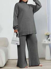 EURMUSE 2pcs High Neck Drop Shoulder Sweater And Ribbed Solid Color Sweater Pants - Dark Grey - View 5