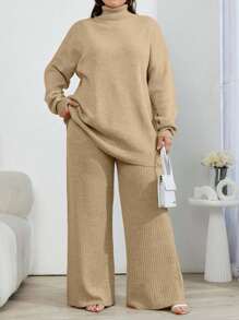 EURMUSE 2pcs High Neck Drop Shoulder Sweater And Ribbed Solid Color Sweater Pants - Camel - View 8