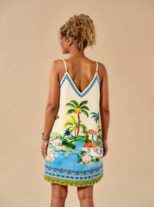 Travachic 大码女式V领花卉印花迷你梭织连衣裙，适合春夏季度假穿着，女士夏季服装，沙滩装，女士度假装，女士演唱会服装，波西米亚风格，女士热带度假装，女士夏季连衣裙，波西米亚风格度假连衣裙 - 彩色 - 查看 5