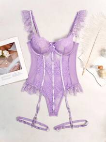 SHEIN 3pcs/Set Lace Patchwork Sexy Bodysuits - Mauve Purple - View 6