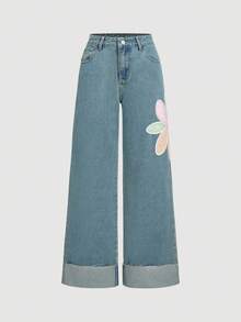 SHEIN MOD Women's Floral Pattern Pocketed Wide Leg Loose Casual Jeans Patchwork Jeans - Blue - View 1