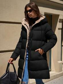 EURMUSE 2-Tone Hooded Zip-Up Pockets Mid-Length Padded Coat - Navy Blue - View 6