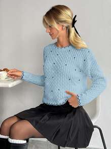 EURMUSE Áo len dệt kim cổ tròn đính đá và họa tiết tương phản cho nữ dáng thường mùa đông - Màu xanh lam - Xem 6