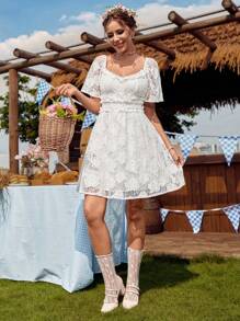 LanaWest Women's Summer White Western Elegant Lace Sweetheart Shirred Frill Embroidered Tiered A-Line Short Dress - White - View 4
