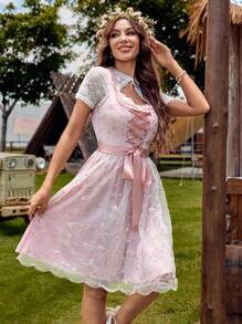 LanaWest 方领编织缎带网眼刺绣围裙连衣裙，春夏，连衣裙