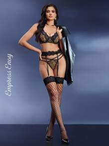EmpressEnvy 豹纹蕾丝拼接舒适钢圈文胸 + 吊袜带 + 大腿袜 + 女士性感内衣套装 - 黑色 - 查看 1