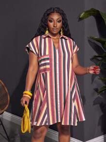 Slaydiva 2025 Nuevas Prendas de Mujer Talla Grande para Primavera/Verano - Ropa Casual de Negocios/Ropa Occidental para Mujer/Ropa de Oficina para Mujer/Ocio Urbano/Vacaciones Citadinas/Graduación/Vacaciones Elegantes/Fiesta/Día de la Independencia - Moda Básica Talla Grande Vestido Casual a Rayas con Botones Delanteros Vestido a Rayas Talla Grande Vestidos de Verano con Bolsillos para Curvas - Multicolor - Ver 3