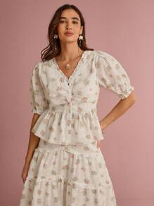 Enchnt 女式优雅碎花镂空刺绣衬衫，夏季 - 彩色 - 查看 3