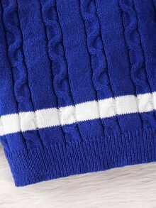 1 件年轻男孩休闲舒适时尚简约实用百搭扭纹拼色圆领毛衣，适合男孩毛衣、毛衣、学校、返校、男孩、日常穿着，适合秋冬季 - 藍色 - 查看 4