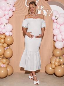 Loomaby Elegant Maternity Off-Shoulder Solid Color Mermaid Hem Dress, Summer,Gender Reveal Dress,Maternity Dress,Baby Shower Dress - White - View 1