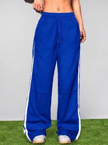 Cheerettes 女士休闲条纹侧缝抽绳腰瑜伽裤，适合日常穿着 - 藍色 - 查看 4