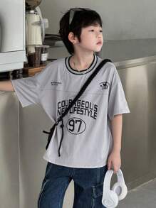 Dazy Kids Camiseta de manga corta de corte suelto informal con estampado de letra para niños preadolescentes, para el verano - Gris - Ver 5