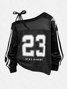 Girlism Sporty Asymmetrical Neck Tween Pullover With Letter Print And Drop Shoulder Sleeves,In Fall/Winter