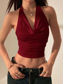 SHEIN PETITE Top aderente corto, da donna, con scollo a drappo, arricciato, allacciato al collo, senza schienale, abbigliamento da strada, estivo