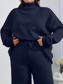 EURMUSE 2 Stücke Pullover mit hohem Ausschnitt und Dropped-Shoulder-Ärmeln und gerippte einfarbige Pullover-Hose