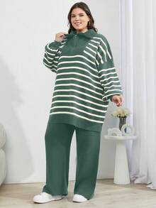 EURMUSE Bộ 3 món áo len cardigan trễ vai họa tiết răng sói và quần dài cho nữ - Màu xanh Bạc hà - Xem 4