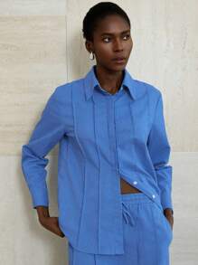 Aveloria Modichic 两件套：复古风高腰褶饰亚麻休闲裤 - 藍色 - 查看 1