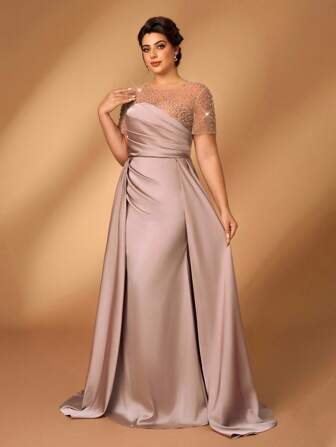 SHEIN Belle Elegantes luxuriöses Champagner-farbenes Kleid mit Strass-Verzierung und perlengestickter Rüsche, rundem Ausschnitt, Kurzarm und Meerjungfrauensaum. Geeignet für formelle Abendpartys, Hochzeiten, Musikfestivals, Urlaube und Brautpartys