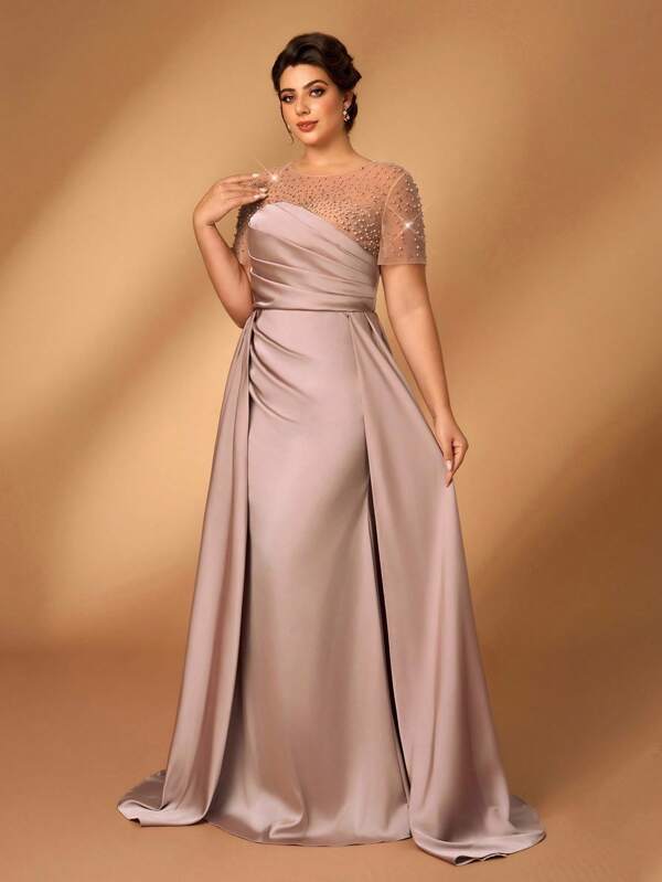 SHEIN Belle Plus Size Elegant And Gorgeous Champagne Color Hot Diamond Craft Stitching Computer Beading Round Neck Short Sleeve Pleated Slim Fishtail Hem Stitching Dress Suitable For Dinner Dance Bachelorette Party Date Holiday Wedding Event Evening Dress Bride Mother Dress Wedding Guest Dress Women