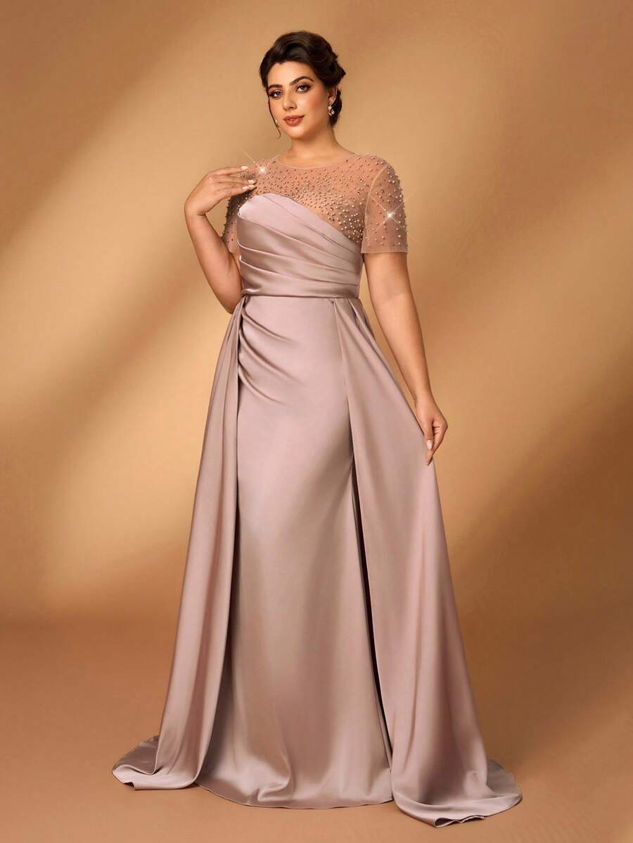SHEIN Belle Plus Size Elegant And Gorgeous Champagne Color Hot Diamond Craft Stitching Computer Beading Round Neck Short Sleeve Pleated Slim Fishtail Hem Stitching Dress Suitable For Dinner Dance Bachelorette Party Date Holiday Wedding Event Evening Dress Bride Mother Dress Wedding Guest Dress Women