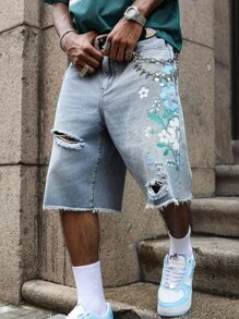 PAVTROS Manfinity Streetrush Men's Light Wash Ripped Denim Bermuda Shorts With Floral Retro Design Graphic Jean Shorts Men Men Floral Denim Shorts Ripped Denim Shorts