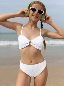 青少年女孩纯色提花针织白色比基尼套装，配有可调节肩带，时尚欧美风格，适合度假、游泳、海滩 - 夏季白色纹理比基尼套装白色两件套泳衣白色少女泳衣两件套比基尼套装少女比基尼