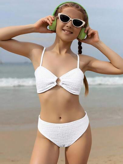 青少年女孩纯色提花针织白色比基尼套装，配有可调节肩带，时尚欧美风格，适合度假、游泳、海滩 - 夏季白色纹理比基尼套装白色两件套泳衣白色少女泳衣两件套比基尼套装少女比基尼
