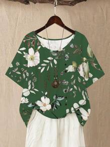 Linhara Blus Kasual Nyaman untuk Wanita Ukuran Besar dengan Motif Bunga, Leher Bulat, Lengan Pendek, dan Kancing Depan - MultiWarna - View 1