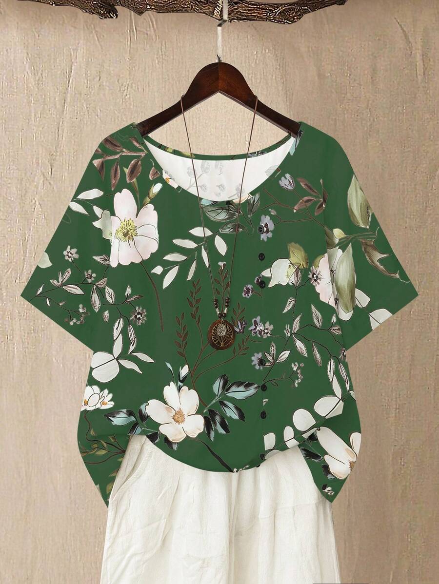 Linhara Blus Kasual Nyaman untuk Wanita Ukuran Besar dengan Motif Bunga, Leher Bulat, Lengan Pendek, dan Kancing Depan - MultiWarna - View 1