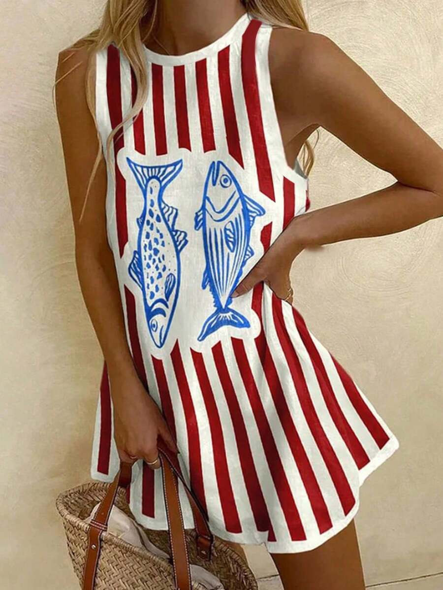 SHEIN EZwear 女士休闲简约度假复古条纹鱼印花短裙，适合夏季