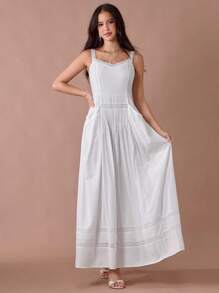 Enchnt Robe maxi femme blanche à dentelle romantique, taille plissée avec poches, pour l'été et l'automne