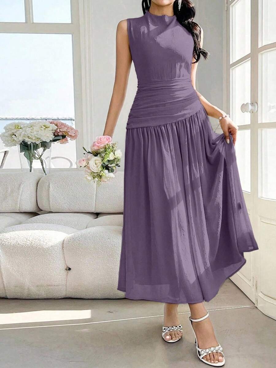 Modelyn Women's Design Sense High Neck Sleeveless Ruched Dress - Purple - View 1