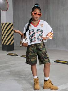 Pantaloni scurți lungi din denim, stil Y2k, grunge punk, camo, cu imprimeu de ramură de copac, talie elastică, îmbrăcăminte de lucru, potrivită pentru călătorii zilnice, activități în aer liber, acasă, brunch, petrecere cu ceai, naveta, ținute la aeroport, ținute de toamnă pentru fete, haine pentru copii care se întorc la școală, ținute streetwear coolane - Verde Armată - Vizualizare 6