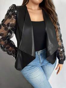 Firerie Plus Size Elegant Mixed Mesh & Applique Decoration Stand Collar PU Leather Jacket Winter Fall Autumn Fall/Winter - Black - View 7