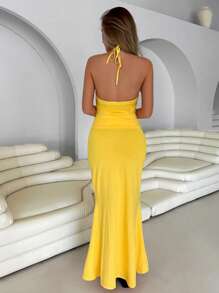 Roylia 2pcs/Set Vacation Style Beaded Spaghetti Strap Camisole & High Waist Bodycon Skirt For Women, Versatile - Yellow - View 2